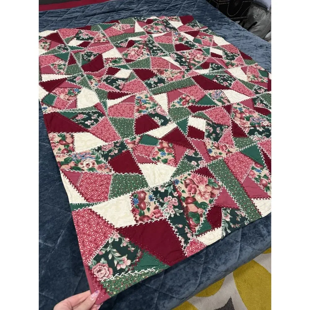 Vintage Red White Green Maroon Handmade Crazy Quilt 59in X 49in Christmas